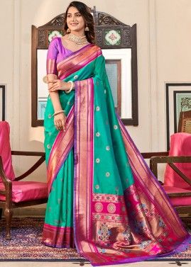 Turquoise Woven Pathani Silk Saree & Blouse