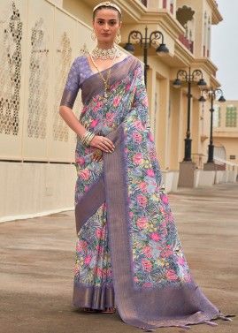 Purple Silk Saree In Floral Print
