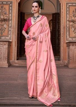 Pink Woven Detailed Saree In Satin Silk