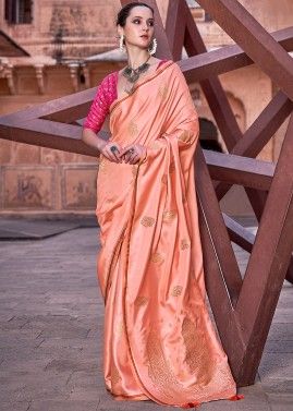 Peach Woven Detailed Saree In Satin Silk