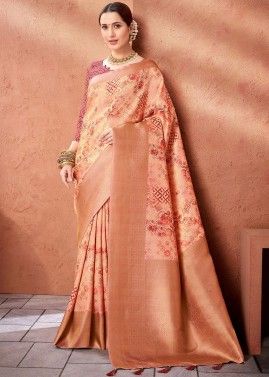Peach Silk Saree In Floral Print