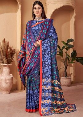 Blue Pashmina Saree & Shawl In Digital Floral Print