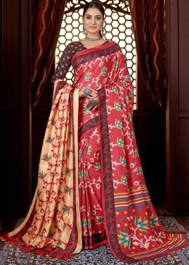 Red Pashmina Saree & Shawl in Digital Floral Print