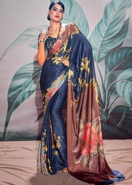 Blue Printed Saree In Satin