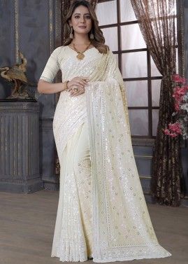 Off White Georgette Saree In Thread Embroidery