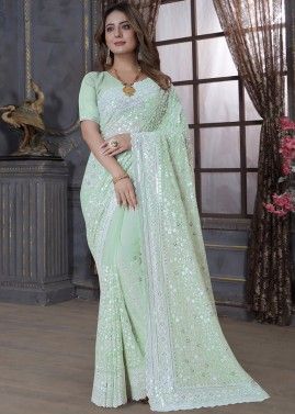Pastel Green Embroidered Georgette Saree