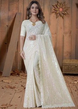 Off White Georgette Saree In Thread Embroidery