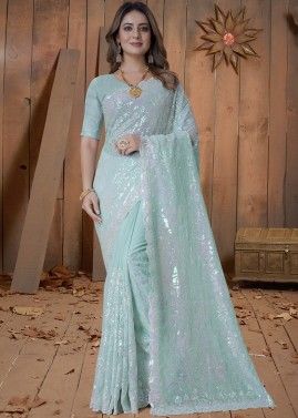 Pastel Blue Embroidered Saree In Georgette