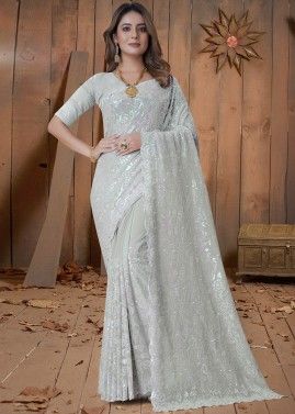 Grey Georgette Saree In Thread Embroidery