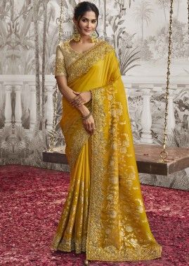 Yellow Embroidered Saree In Silk