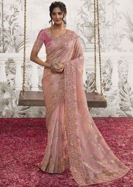 Pink Stone Embroidered Saree In Silk