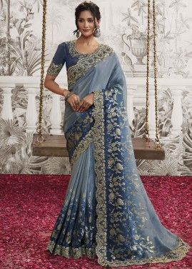 Blue Stone Embroidered Saree In Silk