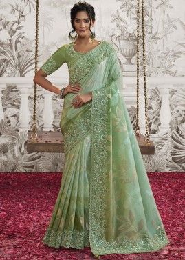 Green Stone Embroidered Saree In Silk