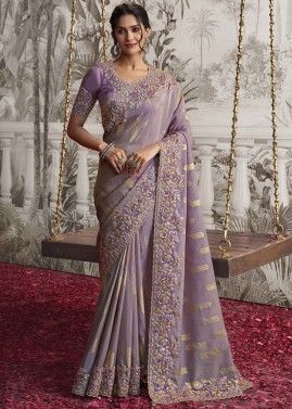 Purple Silk Saree In Stone Embroidery