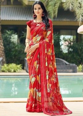 Red Abstract Print Work Saree & Blouse