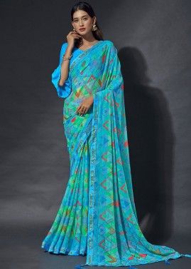 Blue Digital Printed Saree In Crape Silk