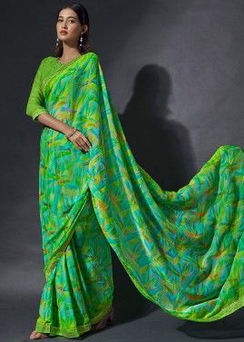 Green Digital Printed Crape Silk Saree 