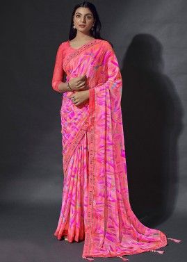 Pink Digital Printed Saree In Crape Silk