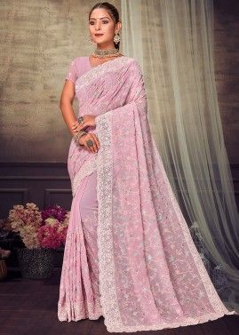Pink Floral Embroidered Georgette Saree