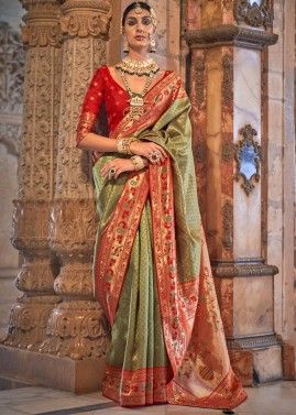 Green Woven Work Saree In Jacquard Silk
