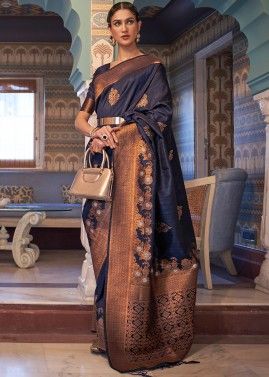 Blue Zari Woven Detailed Tussar Silk Saree