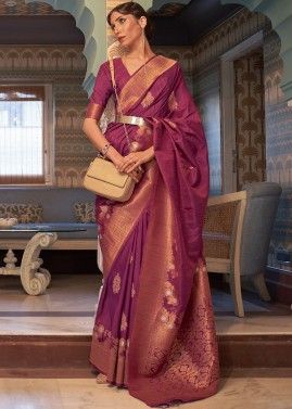 Purple Zari Woven Detailed Saree In Tussar Silk