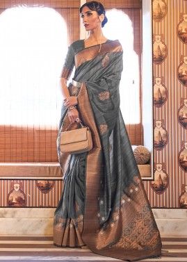 Grey Zari Woven Detailed Tussar Silk Saree