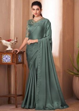 Grey Embroidered Saree In Satin