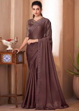 Brown Sequins Embroidered Saree In Satin