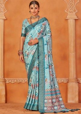 Blue Floral Print Saree In Silk