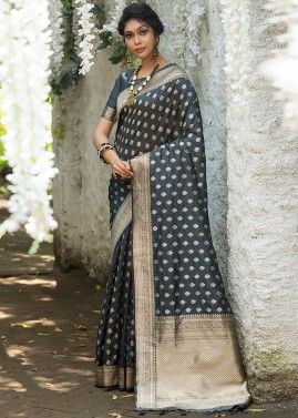 Grey Woven Detailed Saree In Banarasi Silk