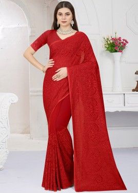 Red Georgette Saree In Resham Embroidery