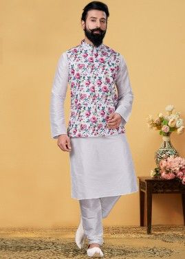 White Kurta Churidar With Floral Printed Nehru Jacket