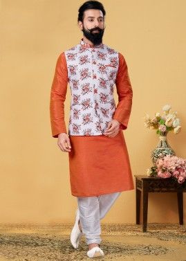 Orange Dupion Silk Kurta Churidar With Floral Print Jacket