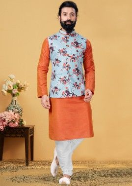 Orange Kurta Churidar Set With Floral Printed Nehru Jacket