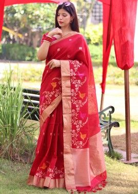 Red Woven Saree In Cotton Silk