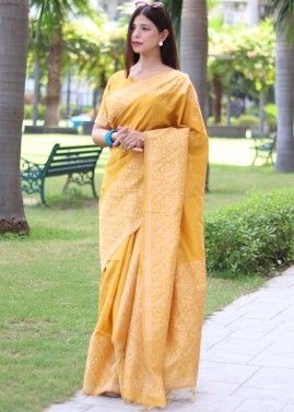Yellow Handloom Silk Saree In Woven Work