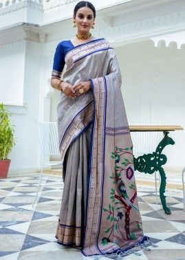 Grey Zari Woven Saree In Kanjivaram Silk