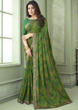 Green Chiffon Saree In Print