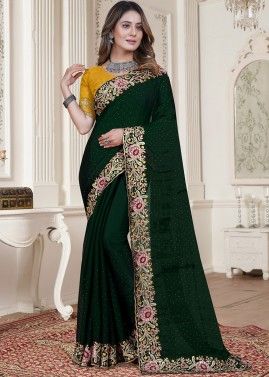 Green Stone Embellished Saree In Satin Silk