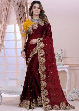 Maroon Satin Silk Saree In Stone Embellishment