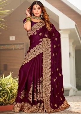 Designer Multi Color Pure Satin Silk Plain Saree, Wedding and