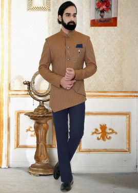 Beige Woven Asymmetric Bandhgala Jodhpuri Suit