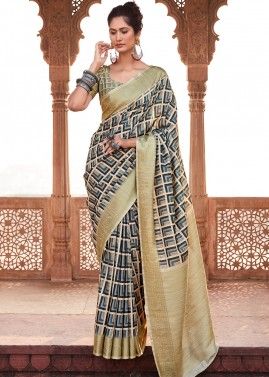 Multicolor Handloom Silk Printed Saree & Blouse