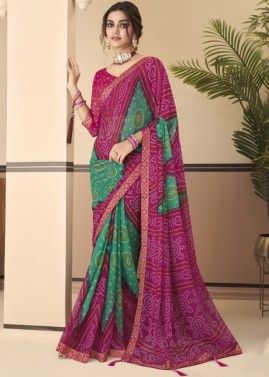 Pink & Green Bandhej Printed Chiffon Saree