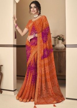 Orange & Pink Chiffon Saree In Bandhani Print  