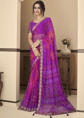 Purple & Pink Chiffon Saree In Bandhej Print