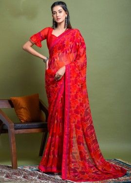 Red Printed Saree In Crape
