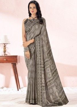 Grey Printed Saree In Chiffon Silk