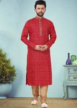 Red Cotton Silk Printed Readymade Kurta Churidar Set